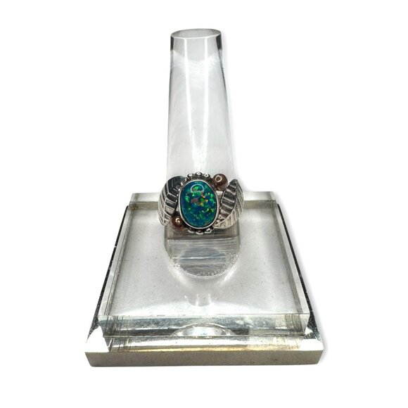 Blue Fire Opal Sterling Silver Ring Oval Bezel Leaf Design Size 7 - Picture 1 of 13